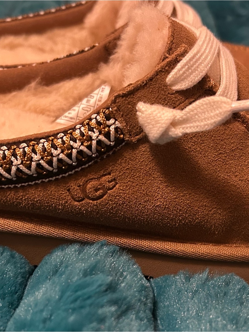 UGG Kids Chestnut Brown Suede Moccasin Slippers with White Laces